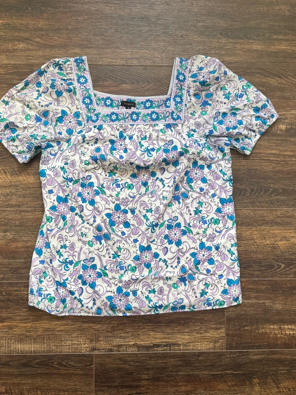 Talbots Square Neck Blouse Lavender/White Womens Sz M Songbird Floral Novelty - Picture 2 of 7